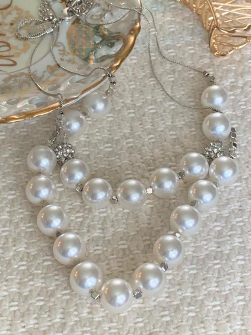 Double Strand Faux Pearl Statement Necklace Rhinestone Silver Tone